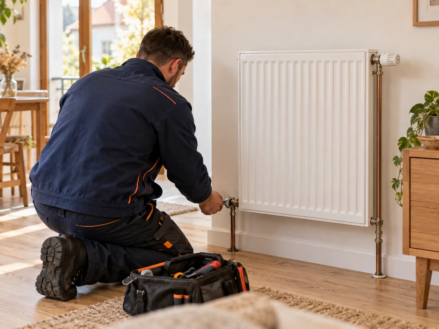 Illustration d’un chauffagiste inspectant les raccords d’un radiateur